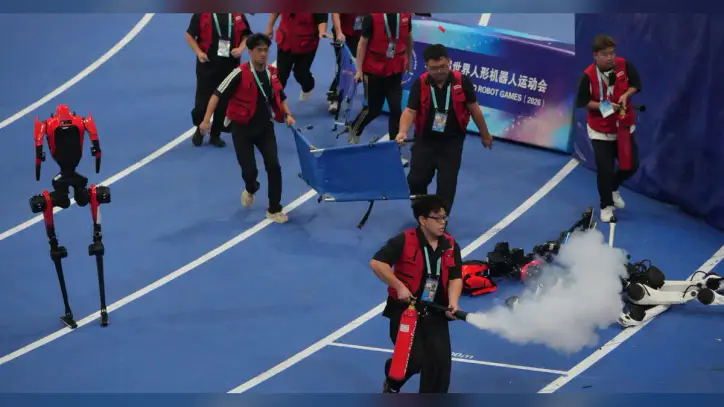 A robot sprinter shatters a 100-meter record again as sparks fly at China’s robot competition