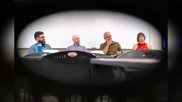 From left to right: Michael Vaugh, App State’s AI Literacy team lead, with Dr. Christopher Bartel, Dr. Richard Rheingans and Dr. Jacqueline Ignatova, App State professors, at their panel in Anne Belk Hall Oct. 14.