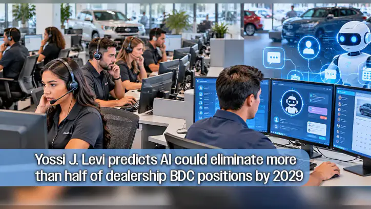 Artificial intelligence is increasingly being used to handle customer inquiries, lead follow-ups, and appointment scheduling at automobile dealerships. Car Dealership Guy founder and CEO Yossi J. Levi predicts AI could eliminate more than half of dealership Business Development Center positions by 2029. This image is an illustration and does not depict a specific dealership. AI-generated editorial illustration.