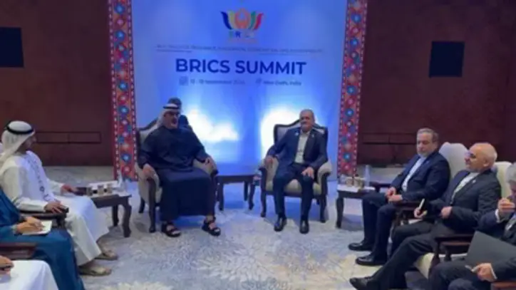 Iranian President Masoud Pezeshkian met with UAE Crown Prince Khaled bin Mohamed bin Zayed Al Nahyan on the sidelines of the BRICS Summit. (Photo Credit: @Iran_in_India/X)