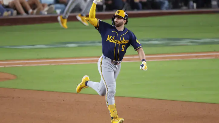LOS ANGELES, CALIFORNIA - OCTOBER 15: Garrett Mitchell #5 of the Milwaukee Brewers jogs around the bases after hitting a solo home run against the Los Angeles Dodgers during the sixth inning in game four of the National League Championship Series at Dodger Stadium on October 15, 2026 in Los Angeles, California. (Photo by Luke Hales/Getty Images) | Getty Images