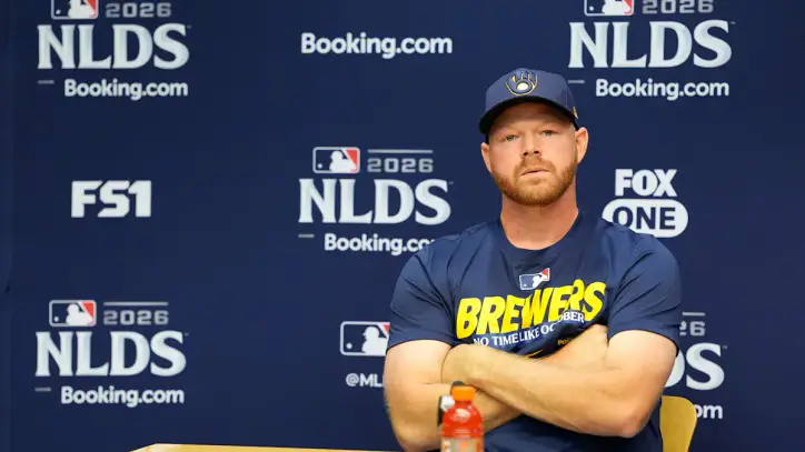 MILWAUKEE, WISCONSIN - OCTOBER 03: Brandon Woodruff #53 of the Milwaukee Brewers speaks to the media before game one of the National League Division Series against the San Diego Padres at American Family Field on October 03, 2026 in Milwaukee, Wisconsin. (Photo by Patrick McDermott/Getty Images)