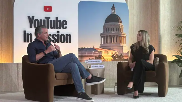 Gov. Gavin Newsom speaks to video creator Shelby Church during a YouTube In Session event on Sept. 9, 2026 in Sacramento.