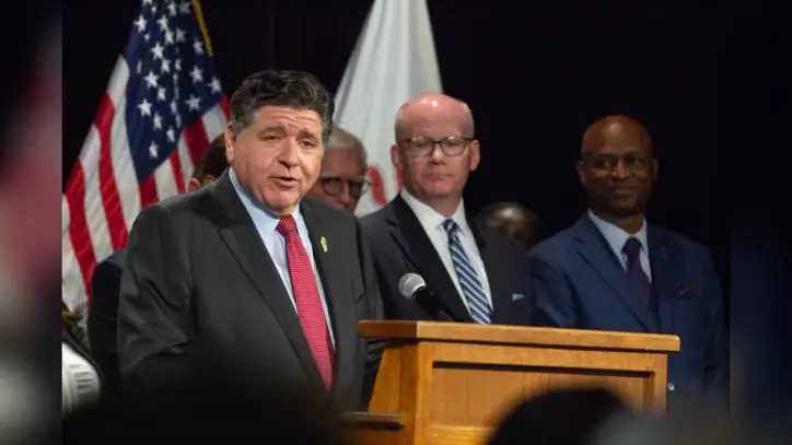 Gov. JB Pritzker speaks at an event at the Illinois Governor’s Mansion in Springfield on Aug. 11, 2026. (Capitol News Illinois photo by Jerry Nowicki)