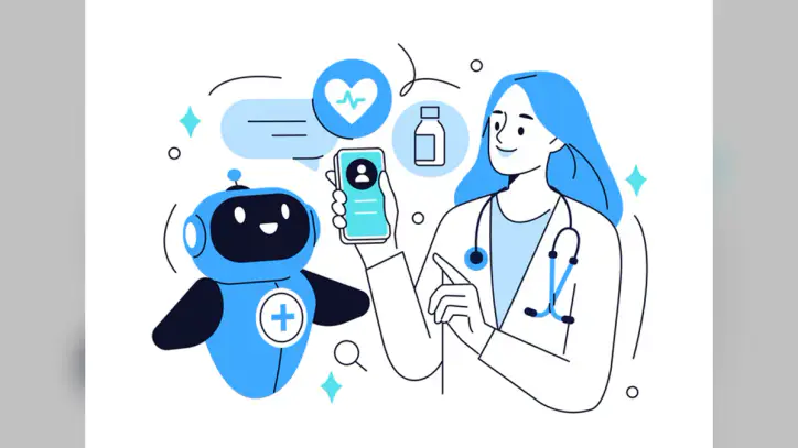 Artificial intelligence in medicine. Doctor character uses ai app for patient diagnosis, medical analysis. Healthcare technology concept. Vector illustration.