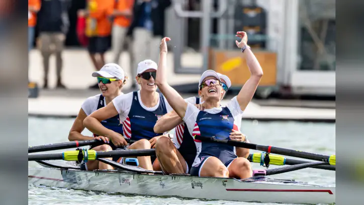 The U.S. women’s four set a new world-best time as repeat winners at the 2026 World Rowing Championships. Photo: Lisa Worthy.