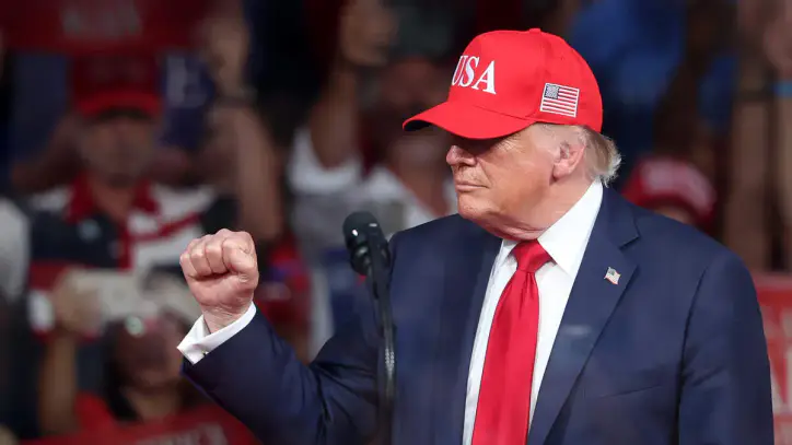President Donald Trump pumps his fist to supporters as he prepares to give remarks at his Making America Safe Again rally at Gastonia Municipal Airport in Gastonia, NC on Wednesday, September 16 , 2026. President Trump came to North Carolina to lend support and campaign for U.S. Senate candidate Michael Whatley who is running for the seat against former NC Governor Roy Cooper.