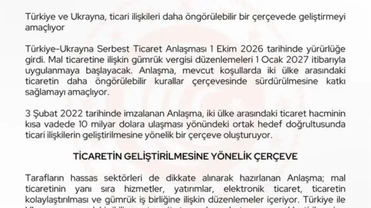 Türkiye-Ukrayna Serbest Ticaret Anlaşması yürürlüğe girdi