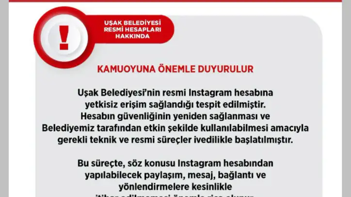 Uşak Belediyesi'nin Sosyal Medya Hesabı Ele Geçirildi: Vatandaşlara Kritik Uyarı