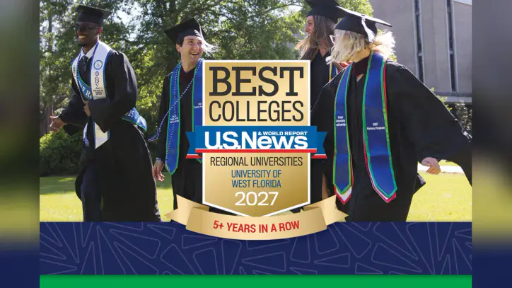 Badge with text: "Best Colleges U.S. News and World Report. Regional Universities. University of West Florida. 2027. 5+ years in a row." Bakground photo has four graduates laughing and running with each other across the Cannon Green.