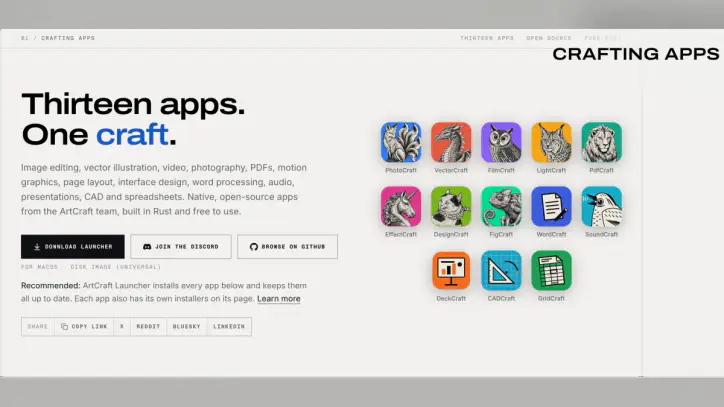 ArtCraft website screenshot reading: Thirteen apps. One craft. With logos of the apps
