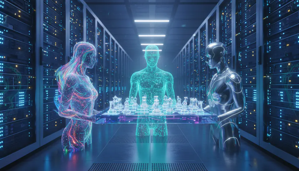 Symbolic chessboard representing the strategic moves of the three AI giants in 2025.