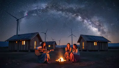 Gece yıldızlı gökyüzü altında ahşap bungalovlar, önünde gitar çalan etekli kadınlar ve ateş çukuru, arkada rüzgar türbini silueti