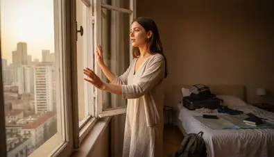 Eve dönen kadın gezgin pencereyi açıyor