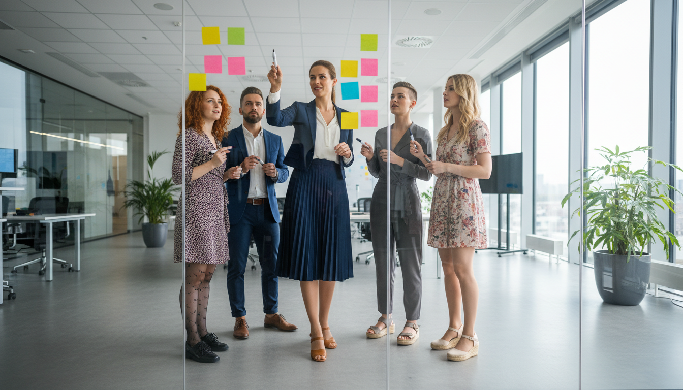 Founder guides diverse team through market mapping workshop.