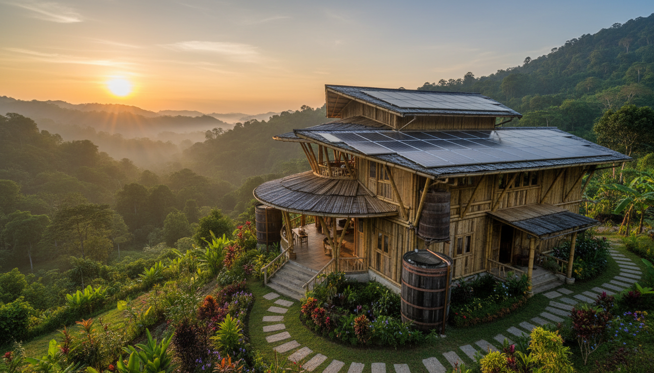 Off-grid solar-powered eco-lodge in a green hillside setting