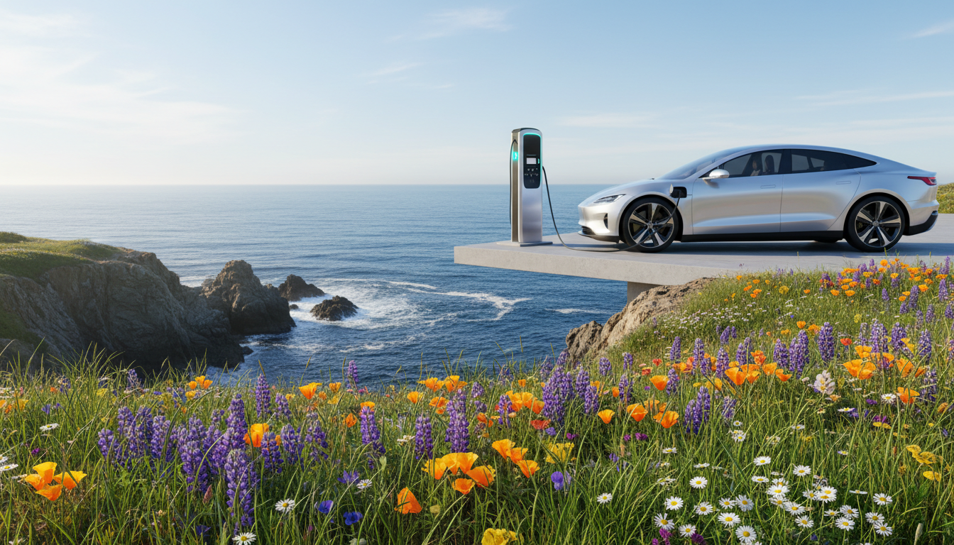Electric car charging at a scenic coastal stop