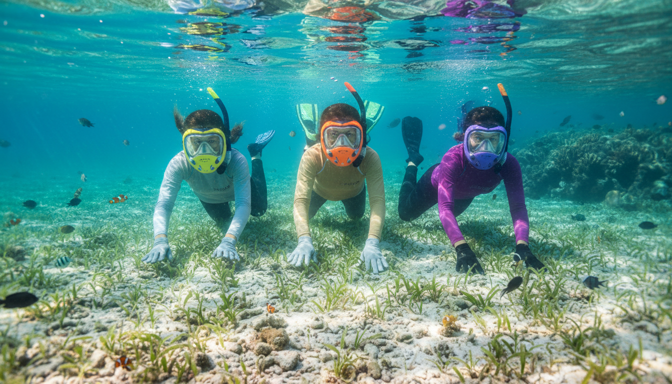 Snorkelers planting seagrass underwater
