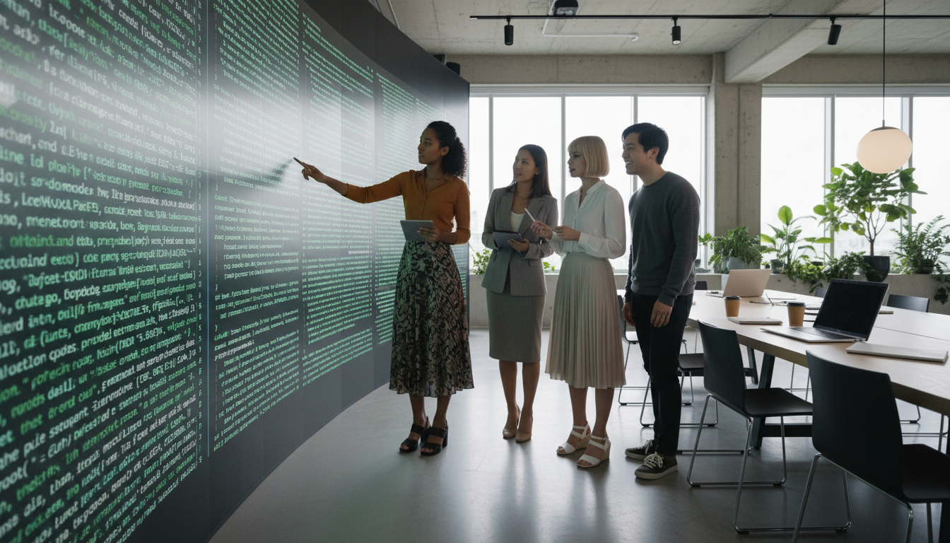 Developers review GPT-4-generated code on a large wall screen.