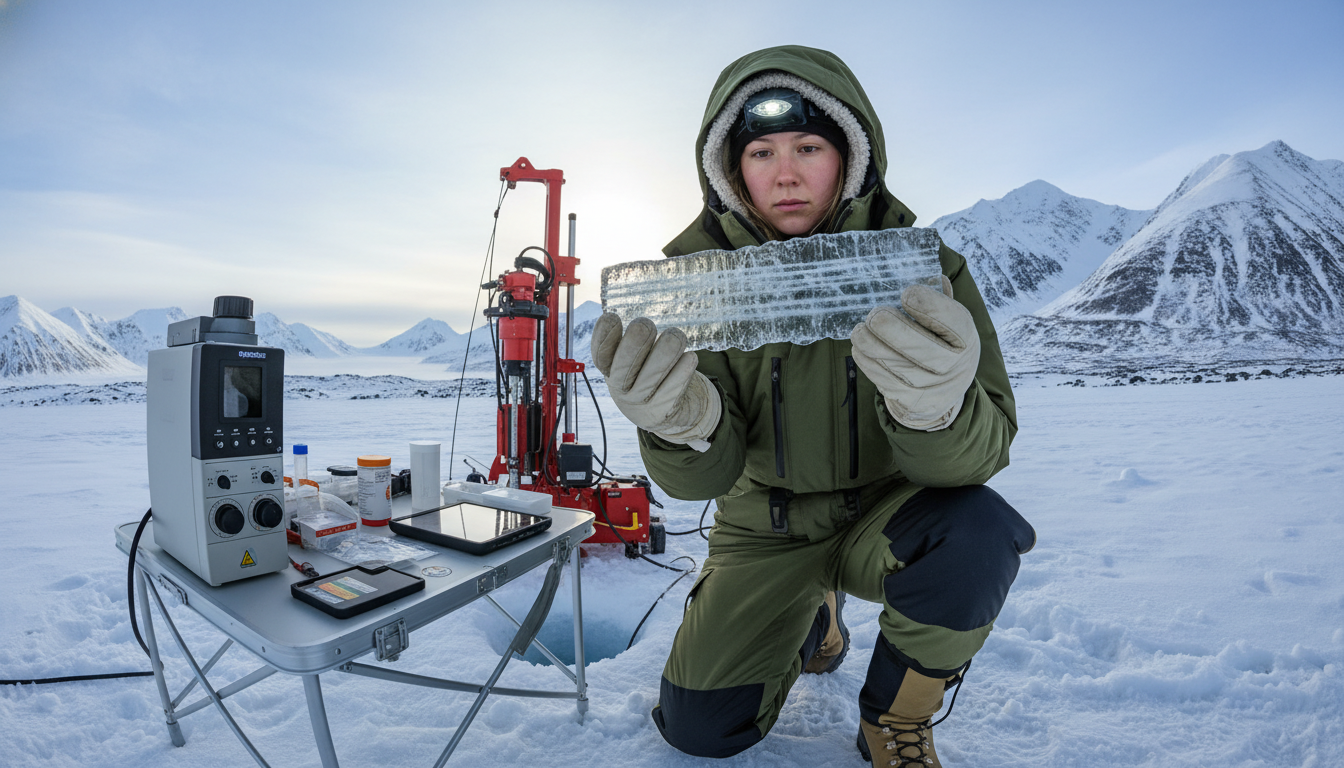 A researcher studies ice core data, revealing the stark acceleration of glacial melt.