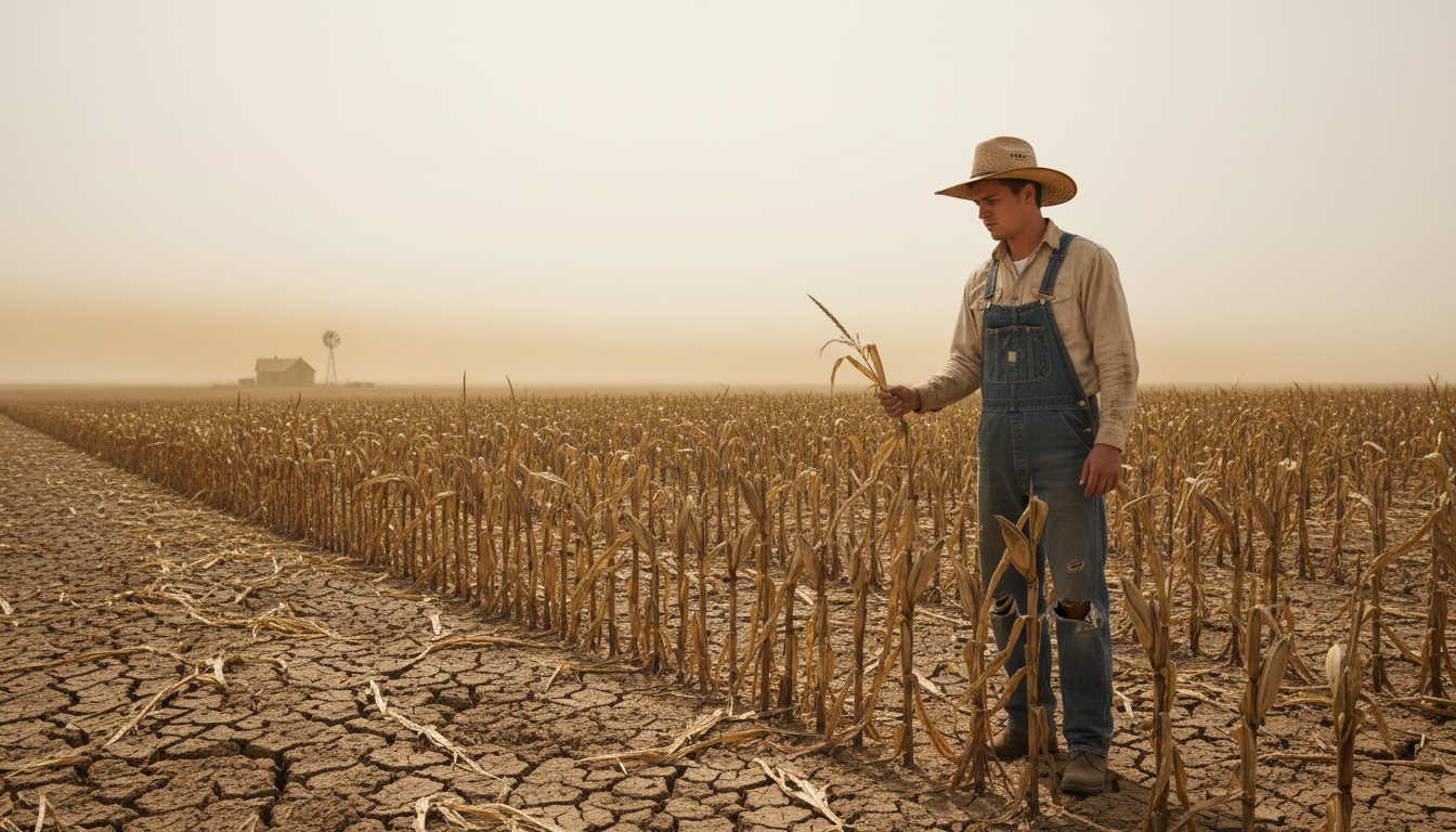 A farmer assesses crops struggling under prolonged drought conditions.