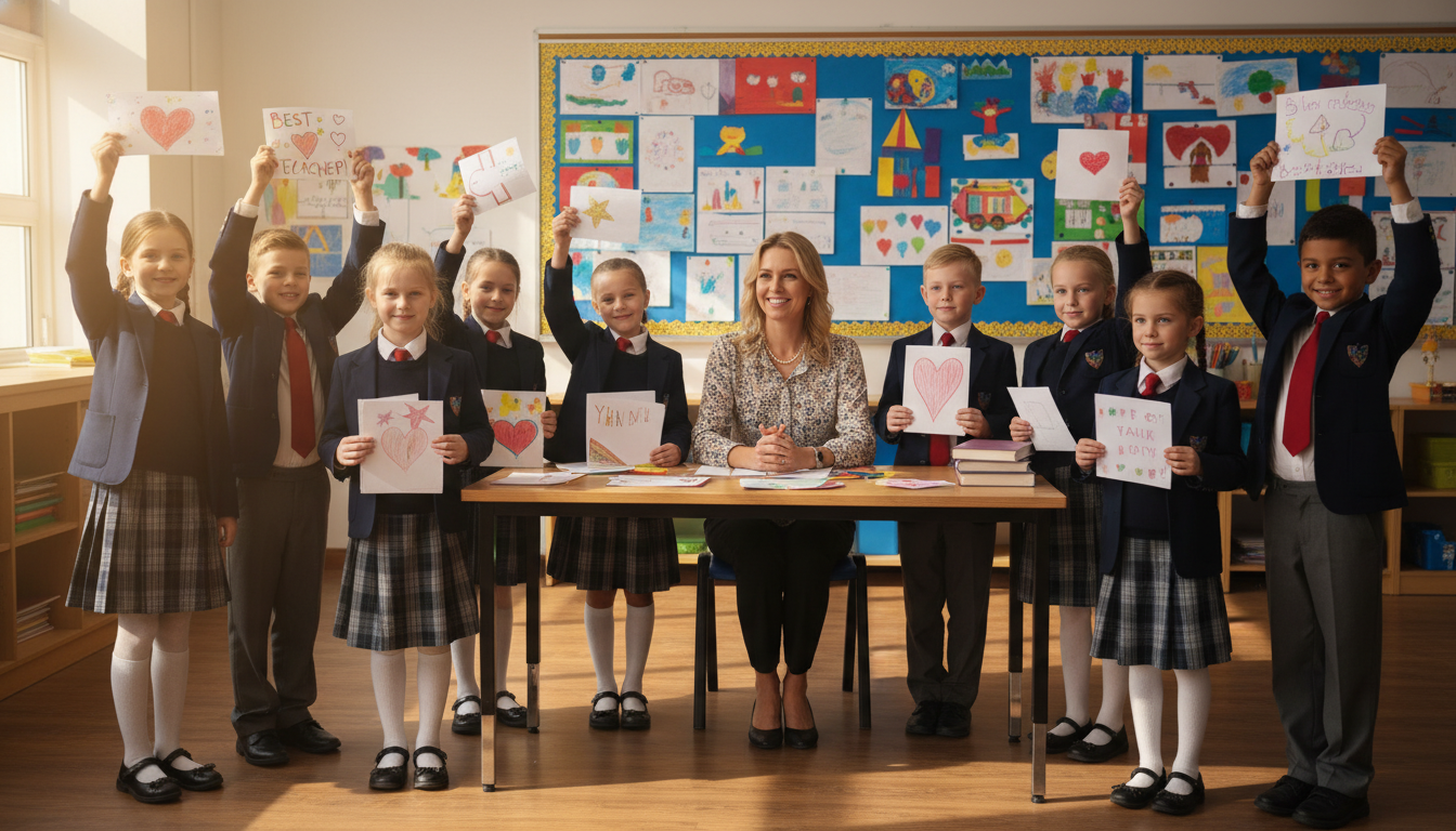 Students presenting hand-made gratitude cards to their teacher.